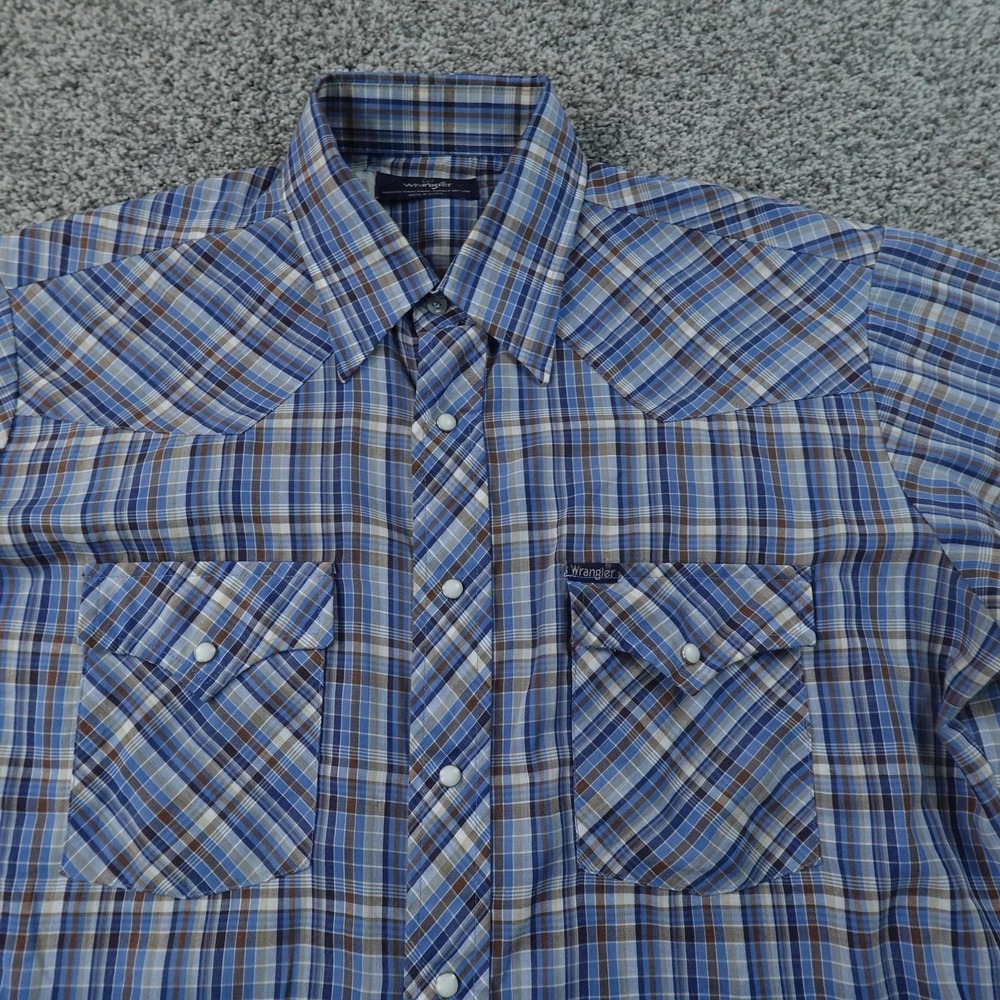 Wrangler Shirt Mens L Blue Plaid Short Sleeve Pearl Snap Up Western Cowboy Rodeo
